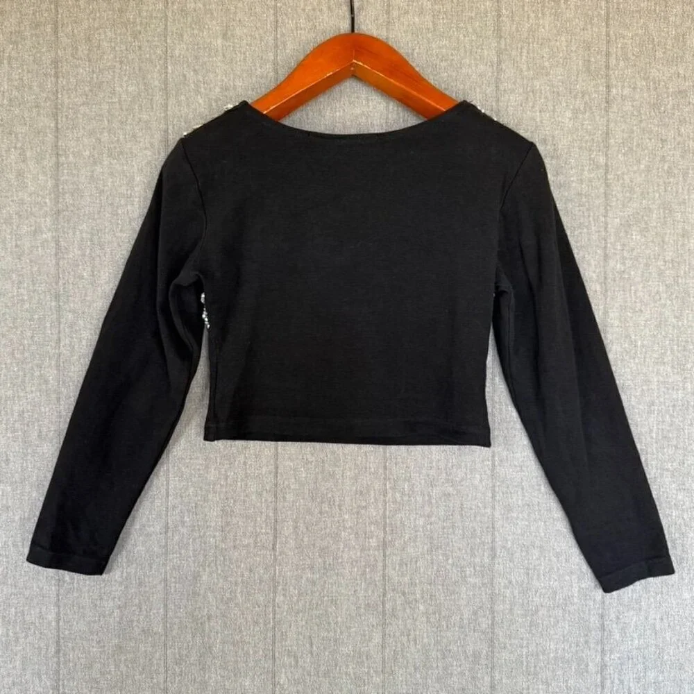 80s Rare Vintage Contempo Casuals Beaded Bust Black Long Sleeve Crop Top Size M
